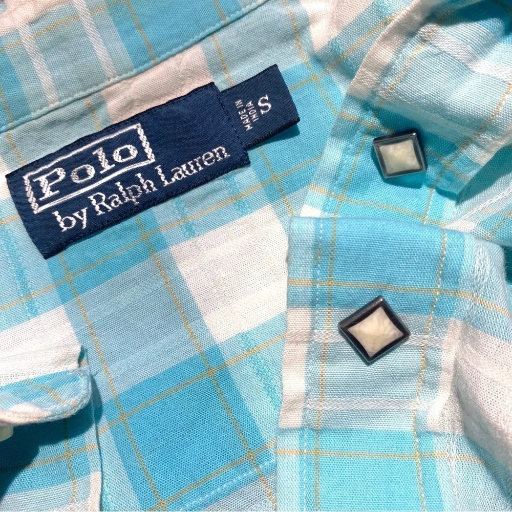 🤠💎 Polo Ralph Lauren Men’s S Western Plaid Shirt Snap Front Turquoise & White 🐎